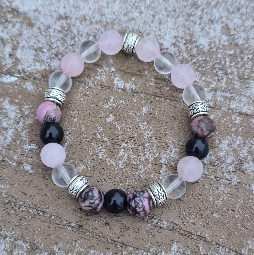 Pink and Black  Beaded Bracelet